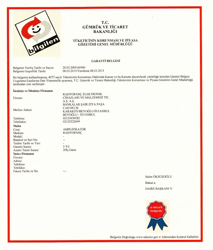 RadyoPanc Garanti Belgesi