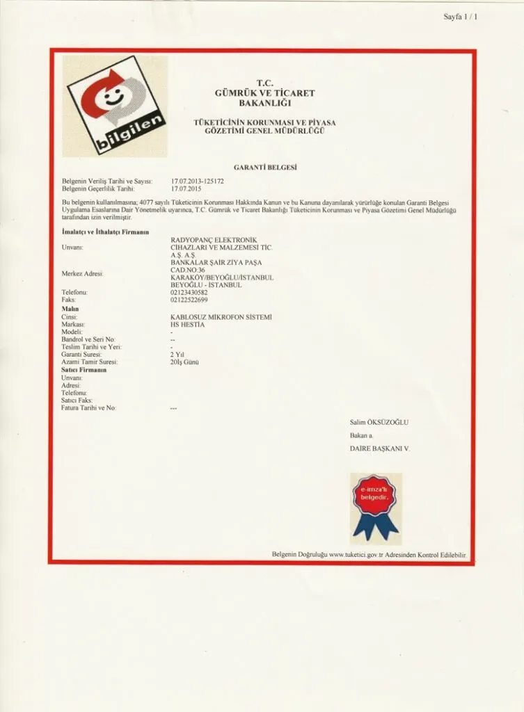 Mikrofon Garanti Belgesi